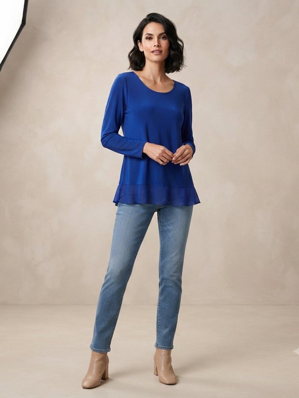 Ellen Tracy Royal Blue Top Blouse with sheer ruffle hem L